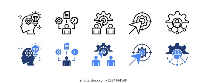 Conjunto de ícones de envolvimento do funcionário com Inspiração, Gerenciamento de Tempo, Finalidade, Meta, Enriquecimento de Cargo.