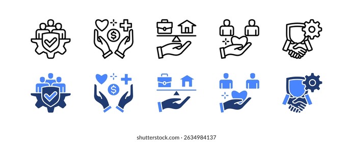 Employee engagement icon set with Integrity, Wellbeing, Work Life Balance, Empathy, Trust.