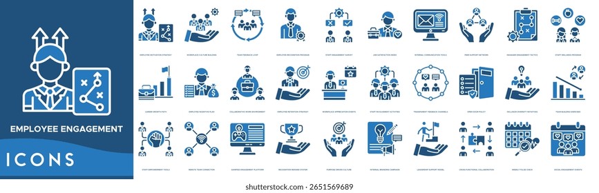 Conjunto de Ícones de Compromisso de Funcionário. Estratégia de motivação do funcionário, criação de cultura no local de trabalho, ciclo de feedback da equipe, programa de reconhecimento do funcionário, pesquisa de envolvimento com a equipe e índice de satisfação no trabalho