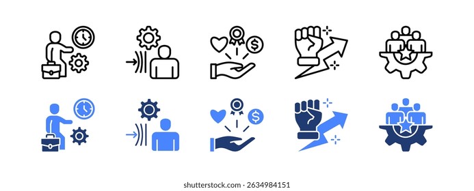 Employee engagement icon set with Working Time, Resilience, Benefits, Motivation, Employee Engagement.