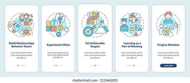 Employee engagement ideas onboarding mobile app screen. Experiment often walkthrough 5 steps graphic instructions pages with linear concepts. UI, UX, GUI template. Myriad Pro-Bold, Regular fonts used