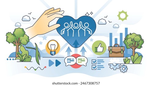 El compromiso de los empleados con la motivación laboral y la lealtad delinean el concepto de manos. Trabaje con el empoderamiento del equipo y la productividad para impulsar la Ilustración vectorial. Gestión de satisfacción profesional de colegas.