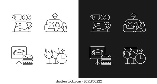 Employee engagement linear icons set for dark and light mode. Office coffee station. Game room. Training session. Customizable thin line symbols. Isolated vector outline illustrations. Editable stroke