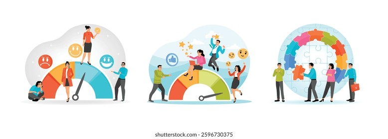 Employee engagement and measuring satisfaction levels. Celebrating satisfaction with scales and emoticons. Professionals collaborate by putting together puzzle pieces. Set flat vector illustration