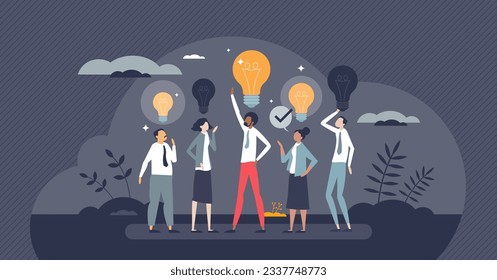 Employee engagement and motivation with inspiration tiny person concept. New idea generation in brainstorm team as professional staff stimulus vector illustration. Effective or productive interaction