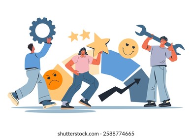 Employee engagement for organizational success. Commitment and motivation in achieving success and strategies to improve employee engagement concept, flat vector illustration isolated on white.