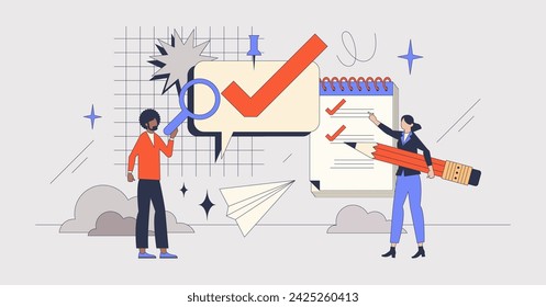 Umfragen zur Mitarbeiterbindung für Rückmeldungen an Unternehmen Retro-Tiny-Person-Konzept. Personalanalyse über Zufriedenheit am Arbeitsplatz oder Mitarbeitermotivation Vektor-Illustration. Überwachung von Office-Berichten.