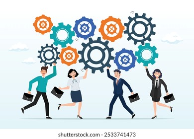 Employee engagement, teamwork collaboration or team strategy working together, partnership, community to help organization success concept, businessman colleagues help connect cogwheel gear together