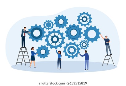 Employee engagement, teamwork collaboration or team strategy working together, partnership, community to help organization success concept, businessman colleagues help connect cogwheel gear together.