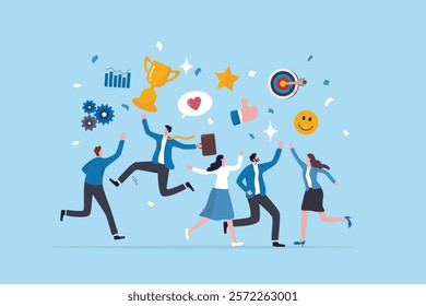 Employee engagement, work satisfaction or happiness, company commitment or employee appreciation, wellbeing or inclusive concept, happy business people employees jump with work engagement elements.