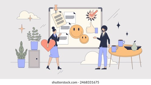 Employee engagement and work satisfaction tiny peron neubrutalism concept. Team management for job happiness, loyalty and appreciation vector illustration. Human resources empowerment board at office