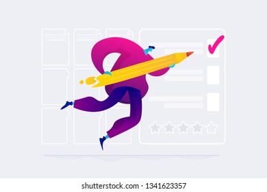 Employee evaluation, assessment form and report, performance review concept. Vector isolated concept illustration. Small heads and huge legs people. Hero image for website.
