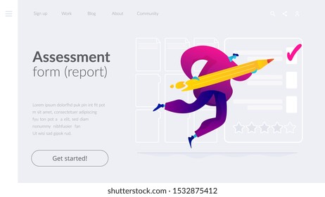 Employee evaluation, assessment form and report, performance review concept. Website homepage interface UI template. Landing web page with infographic concept hero header image.