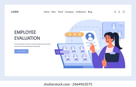 Employee Evaluation concept. A dedicated manager assessing team members through digital profiles, highlighting performance metrics. Efficient workforce management. Flat vector illustration.