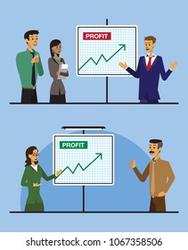 Employee explaining graphic chart about profit. A diverse set of people in an office meeting 