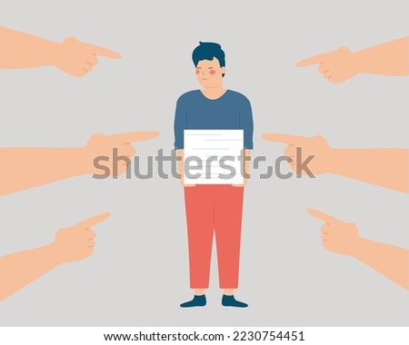 Employee exposed to abuse and pressure at work. Freelancer or worker feels stress, depression and anxiety due to pointing fingers at him. Professional burnout, bullying or labor exploitation concept.