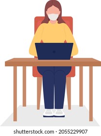 Employee in face mask semi flat color vector character. Sitting figure. Full body person on white. After covid isolated modern cartoon style illustration for graphic design and animation