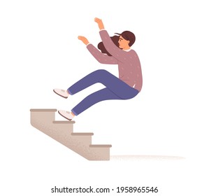 Employee falling down from career ladder. Fall of woman from stairs. Failure, fiasco, problem, trouble and mistake concept. Colored flat vector illustration isolated on white background