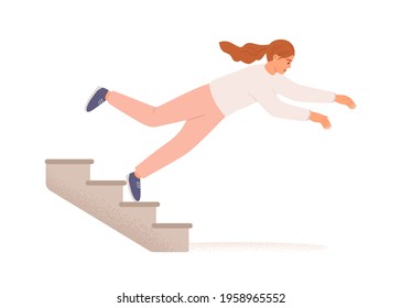 Employee falling down from career ladder. Sudden fall of woman from stairs. Work failure, fiasco, life problems and obstacles concept. Colored flat vector illustration isolated on white background