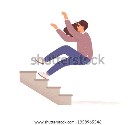 Employee falling down from career ladder. Fall of woman from stairs. Failure, fiasco, problem, trouble and mistake concept. Colored flat vector illustration isolated on white background