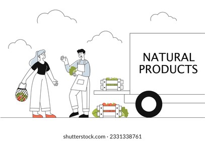 Employee farmers market with natural products line. Man sells vegetables to women. Support your local store. Farming and agriculture. Young girl buy groceries. Linear flat vector illustration