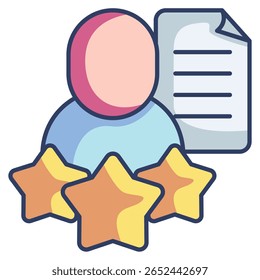 Mitarbeiterfeedback KI-Icon dargestellt durch menschlichen Avatar, Stern, Dokument. Linealer Farbstil.