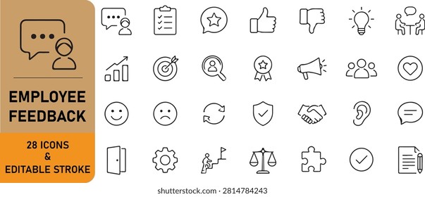 Employee feedback outline icon set with editable stroke featuring communication, performance review, satisfaction, teamwork, survey, evaluation, and workplace feedback concepts.