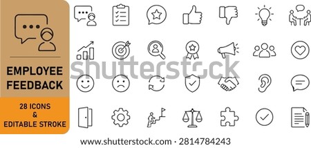 Employee feedback outline icon set with editable stroke featuring communication, performance review, satisfaction, teamwork, survey, evaluation, and workplace feedback concepts.