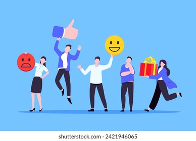 Employee feedback work satisfaction survey business concept flat vector illustration. Employee or customer feedback rating opinion with people and social icons - thumb, smile emoji, stars and heart.