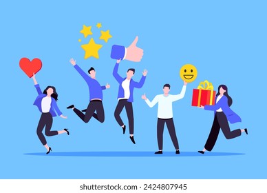 Employee feedback work satisfaction survey business concept flat vector illustration. Employee or customer feedback rating opinion with people and social icons - thumb, smile emoji, stars and heart.