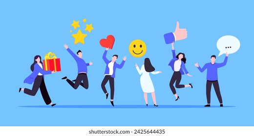 Employee feedback work satisfaction survey business concept flat vector illustration. Employee or customer feedback rating opinion with people and social icons - thumb, smile emoji, stars and heart.