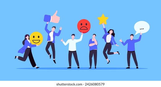 Employee feedback work satisfaction survey business concept flat vector illustration. Employee or customer feedback rating opinion with people and social icons - thumb, smile emoji, stars and heart.