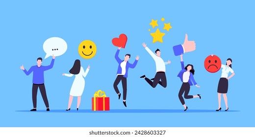 Employee feedback work satisfaction survey business concept flat vector illustration. Employee or customer feedback rating opinion with people and social icons - thumb, smile emoji, stars and heart.