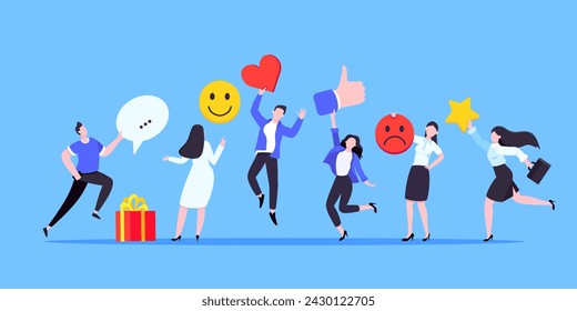 Employee feedback work satisfaction survey business concept flat vector illustration. Employee or customer feedback rating opinion with people and social icons - thumb, smile emoji, stars and heart.