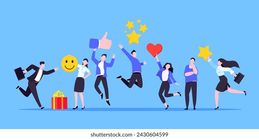 Employee feedback work satisfaction survey business concept flat vector illustration. Employee or customer feedback rating opinion with people and social icons - thumb, smile emoji, stars and heart.