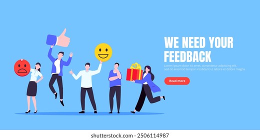 Employee feedback work satisfaction survey business concept flat vector illustration. Employee or customer feedback rating opinion with people and social icons - thumb, smile emoji, stars and heart.
