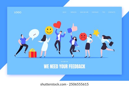 Employee feedback work satisfaction survey business concept flat vector illustration. Employee or customer feedback rating opinion with people and social icons - thumb, smile emoji, stars and heart.