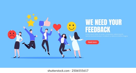 Employee feedback work satisfaction survey business concept flat vector illustration. Employee or customer feedback rating opinion with people and social icons - thumb, smile emoji, stars and heart.