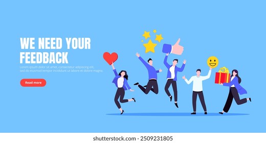 Employee feedback work satisfaction survey business concept flat vector illustration. Employee or customer feedback rating opinion with people and social icons - thumb, smile emoji, stars and heart.