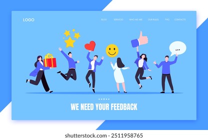 Employee feedback work satisfaction survey business concept flat vector illustration. Employee or customer feedback rating opinion with people and social icons - thumb, smile emoji, stars and heart.