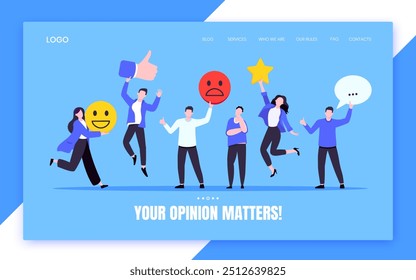 Employee feedback work satisfaction survey business concept flat vector illustration. Employee or customer feedback rating opinion with people and social icons - thumb, smile emoji, stars and heart.