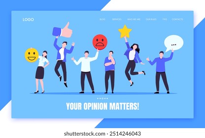 Employee feedback work satisfaction survey business concept flat vector illustration. Employee or customer feedback rating opinion with people and social icons - thumb, smile emoji, stars and heart.