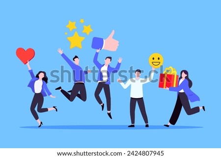 Employee feedback work satisfaction survey business concept flat vector illustration. Employee or customer feedback rating opinion with people and social icons - thumb, smile emoji, stars and heart.