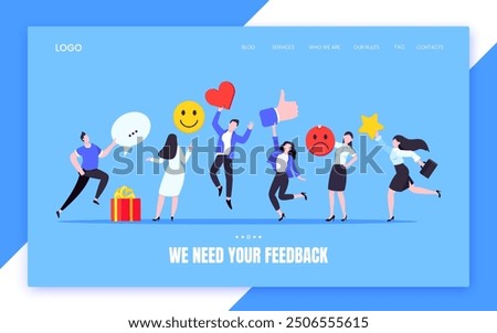 Employee feedback work satisfaction survey business concept flat vector illustration. Employee or customer feedback rating opinion with people and social icons - thumb, smile emoji, stars and heart.