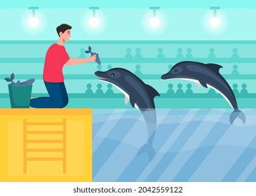 Employee feeds dolphins. Man gives fish to trained killer whales. Show at dolphinarium. People look at performance of animals. Cartoon modern flat vector illustration isolated on light background