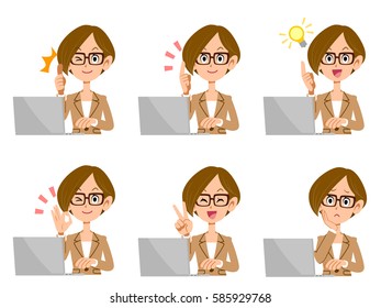 Employee Female Laptop Computer Set of expression and gesture
