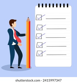 Employee filling in a to do or check list, Business strategy plan creation or achievement.  All tasks completed concept