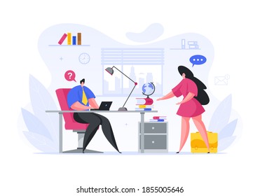 An employee of firm apologizes to boss for being late for work flat concept. Man a businessman listens to woman and does not understand her arguments. Violation of productivity of vector work.