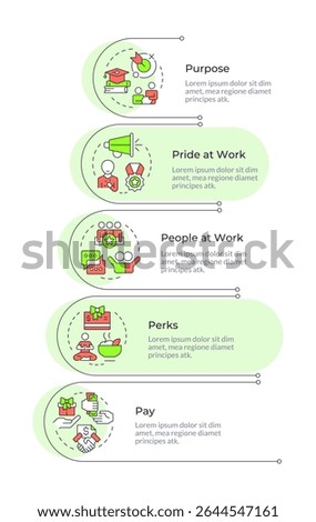 Employee fulfillment infographic vertical sequence. Corporate perks, business benefits. Visualization infochart with 5 steps. Circles workflow