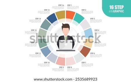 employee full circle Pie charts for infographics. Elements with 10, 11, 12, 13, 14, 15, 16, 17, 18, 19, 20 steps, options.